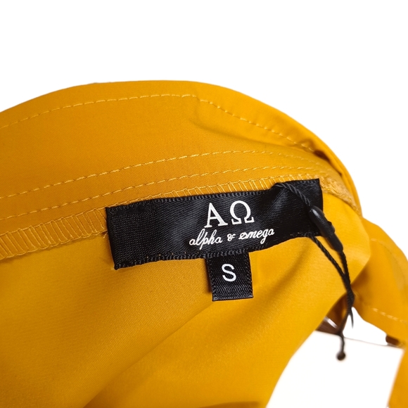 ALPHA & OMEGA Mustard Yellow Button Front Pleated Ruffle Cold Shoulder Top NWT S - Picture 4 of 8